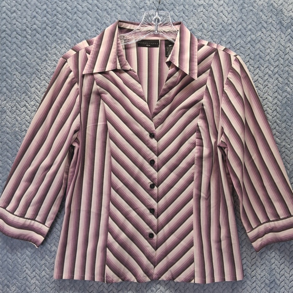 Apostrophe Petite Purple Striped Button Up Blouse 3/4 Sleeve Office Top 12P